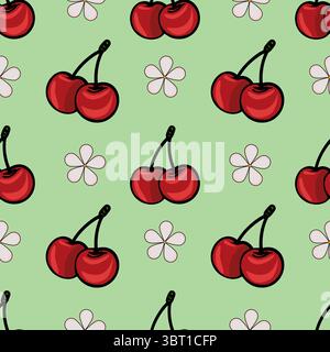 A repeating vector pattern featuring red cherries and light pink flowers on a soft green background. Stock Vector