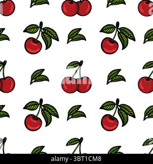 A seamless vector pattern featuring red cherries with green leaves on a white background. The design includes single cherries and pairs, creating a vi Stock Vector