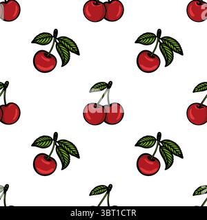 A seamless vector pattern featuring bright red cherries with green leaves on a white background. The cherries are illustrated in a playful, cartoon st Stock Vector