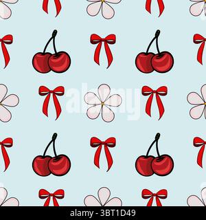 A repeating vector pattern featuring red cherries, red bows, and light pink flowers on a light blue background. Stock Vector