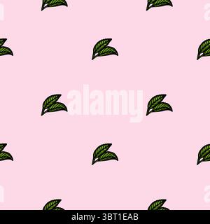 A seamless vector pattern featuring small green leaves on a soft pink background. The leaves are illustrated with a simple, hand-drawn style, creating Stock Vector