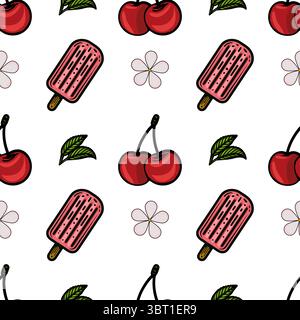 A playful vector pattern featuring cherries, ice pops, and flowers on a white background. The design is colorful and fun, perfect for summer themes. Stock Vector