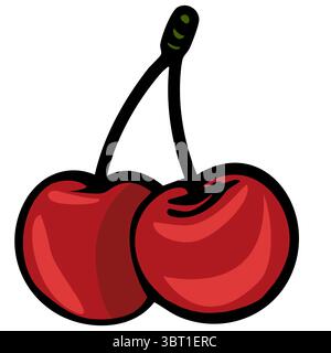 A vector vibrant illustration of two cherries connected by their stems. The cherries are bright red with a glossy finish, showcasing their round shape Stock Vector