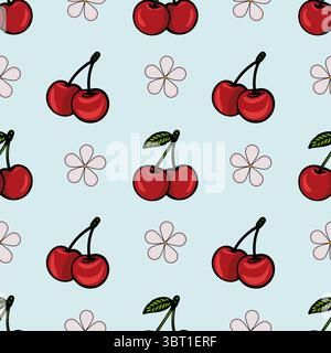 A repeating vector pattern featuring red cherries and simple flower shapes on a light blue background. The cherries are depicted with green leaves, cr Stock Vector