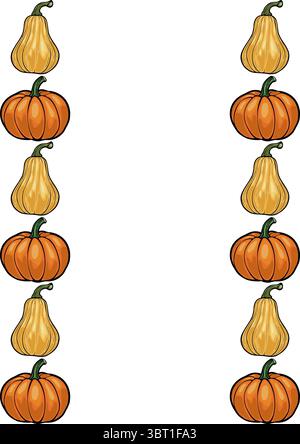 A vector vertical arrangement of illustrated pumpkins and gourds, featuring alternating yellow gourds and orange pumpkins on a white background. Stock Vector