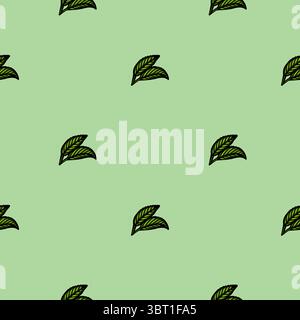 A seamless vector pattern featuring small, hand-drawn green leaves on a light green background. The design is simple and nature-inspired, ideal for te Stock Vector