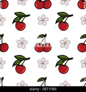 A seamless vector pattern featuring cherries and flower shapes on a white background. The cherries are bright red with green leaves, while the flowers Stock Vector