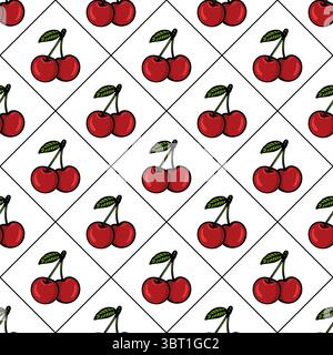 A seamless vector pattern featuring red cherries with green leaves on a white background, arranged in a diamond grid layout. Stock Vector