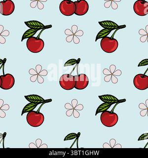 A seamless vector pattern featuring cherries and flowers on a light blue background. The cherries are vibrant red with green leaves, while the flowers Stock Vector