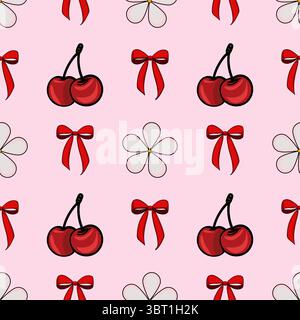 A playful vector pattern featuring red cherries, red bows, and light-colored flowers on a pink background. The design is whimsical and cheerful, suita Stock Vector
