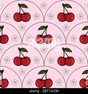A repeating vector pattern featuring red cherries with green leaves on a soft pink background, interspersed with small white flowers. Stock Vector