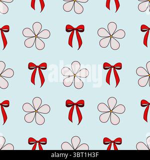 A seamless vector pattern featuring red bows and white flowers with yellow centers on a light blue background. Stock Vector