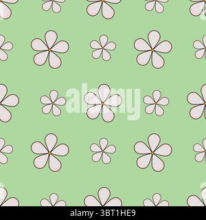 A seamless vector pattern featuring stylized pink flowers with black outlines on a light green background. The flowers vary in size and are evenly spa Stock Vector