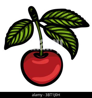 A vector vibrant red cherry with green leaves, illustrated in a cartoon style. The cherry is round and glossy, while the leaves are detailed with vein Stock Vector