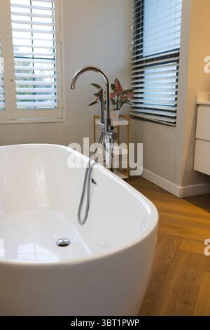 Freestanding bathtub is resting on floor in bathroom near chrome faucet, plant stand under blinds Stock Photo