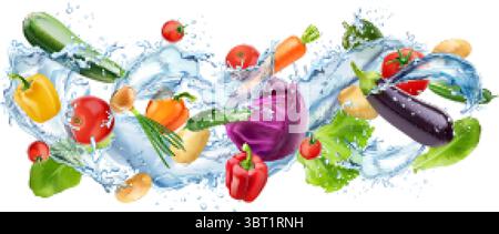 Realistic vegetables water. Washing vegetable concept, water splash wash falling fresh food motion salad ingredients vegan meal advertising background exact vector illustration original artwork Stock Vector