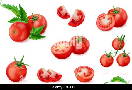 Realistic tomato. 3d isolated tomatoes half cut slice, fresh red vegetable with leaf raw fruit sweet cherry pomodoro healthy food ketchup ingredient, set exact vector illustration original artwork Stock Vector