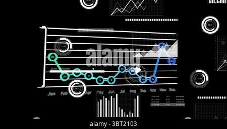 Displaying teal and blue line chart showing monthly data on dashboard screen, with gauge indicators Stock Photo