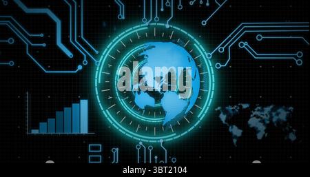 Displaying digital globe scanning in grid interface with bar chart, world map, blue circuit traces Stock Photo