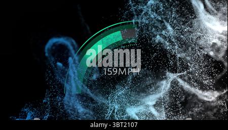 Displaying semi-circular green gauge showing 159 MPH speed in dark void, with digital particles Stock Photo