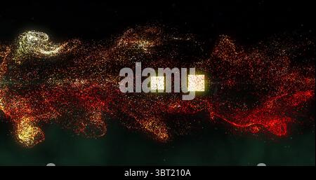 Swirling red and gold particle cloud rising in digital void, featuring two glowing yellow squares Stock Photo