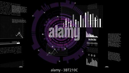 Displaying purple HUD in digital dashboard, showing bar charts scatter plots grid panels and text Stock Photo