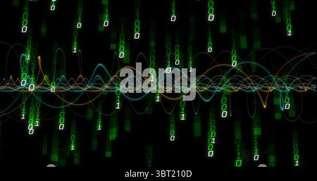 Weaving multicolored waveform lines across dark digital field, with glowing binary digits Stock Photo