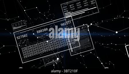 Floating data panel displaying numeric codes and grid in network space, with linked nodes and lines Stock Photo