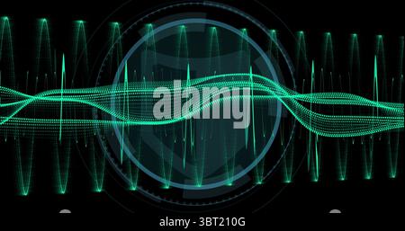 Displaying abstract neon green waveform undulating on data screen, with dotted line and HUD rings Stock Photo