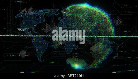 Displaying wireframe globe glowing on dark data dashboard, with map outline and hexagon clusters Stock Photo