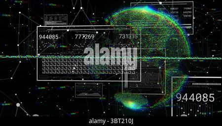 Displaying interface overlay showing numeric readouts in digital network, with colorful data sphere Stock Photo