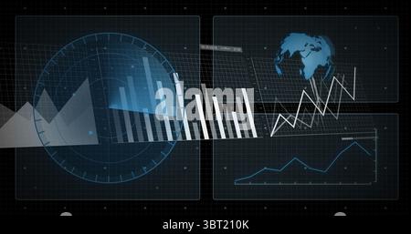 Displaying digital dashboard at abstract computer interface, with circular HUD overlay and 3D globe Stock Photo