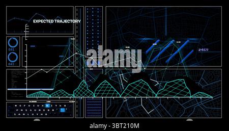 Displaying dashboard showing charts and code window on console, with line graphs and terrain grid Stock Photo