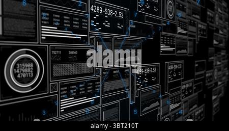 Floating digital data panels converging in virtual cyberspace, with numeric readouts and connectors Stock Photo