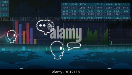 Displaying white outline head icon communicating on world map dashboard, with tables and charts Stock Photo