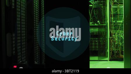 Displaying digital shield emblem glowing over secured data center, with server racks and LED lights Stock Photo