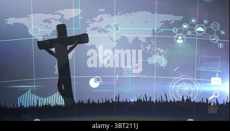 Showing silhouette crucifix projecting charts in field, with dotted world map grid, copy space Stock Photo