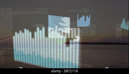 Displaying translucent bar chart overlay hovering above lake at dusk, with data panels, grid lines Stock Photo