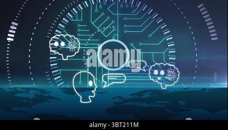 Displaying circuit board motif over virtual world map, with head, AI brain, speech and HUD arcs Stock Photo