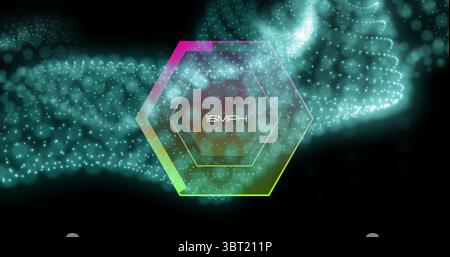 Glowing multicolored hexagon floating in dark digital space, showing 16MPH and turquoise particles Stock Photo