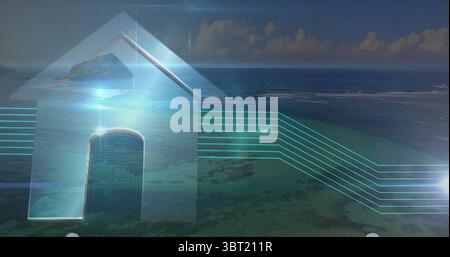 Displaying translucent home icon projecting glowing neon lines over ocean reef, with circuit motif Stock Photo