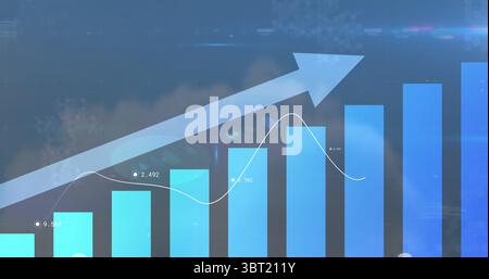 Displaying composite data graphic on dashboard with line graph markers, bars and upward arrow Stock Photo