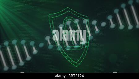 Displaying security chain linking nodes across virtual network grid, with green dotted shield icon Stock Photo