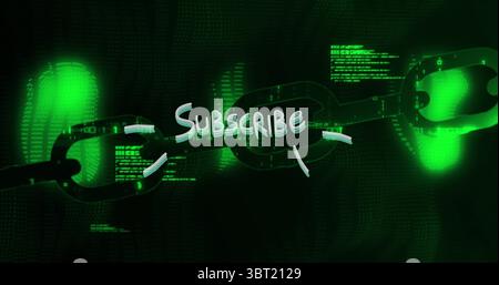 Floating chain link glowing over virtual code streams backdrop, with neon green subscribe text Stock Photo