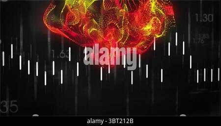 Swirling red yellow mesh cloud over trading dashboard with candlestick bars, faint numeric labels Stock Photo