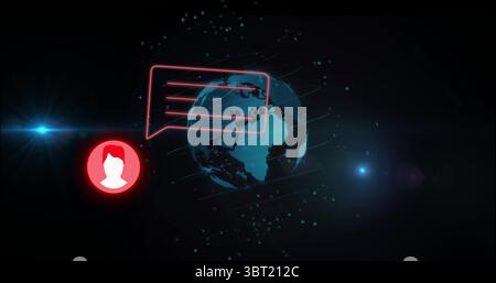 Floating 3D globe in digital network space, with red user avatar, speech bubble and binary digits Stock Photo