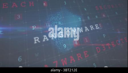 Displaying glowing RANSOMWARE label atop pixelated continent in network grid with floating nodes Stock Photo