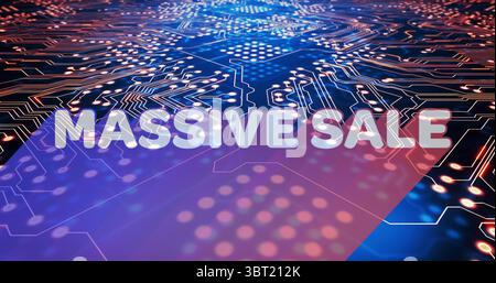 Displaying bold MASSIVE SALE text on purple polygon over digital circuit background, showing traces Stock Photo