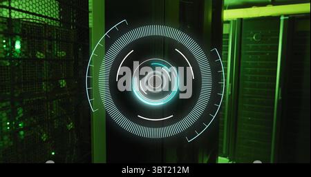 Showing circular overlay in green server room with mesh enclosure, cables, blinking LED indicators Stock Photo
