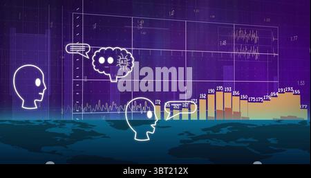 Displaying digital data grid with world map, showing AI head silhouettes and bar charts Stock Photo